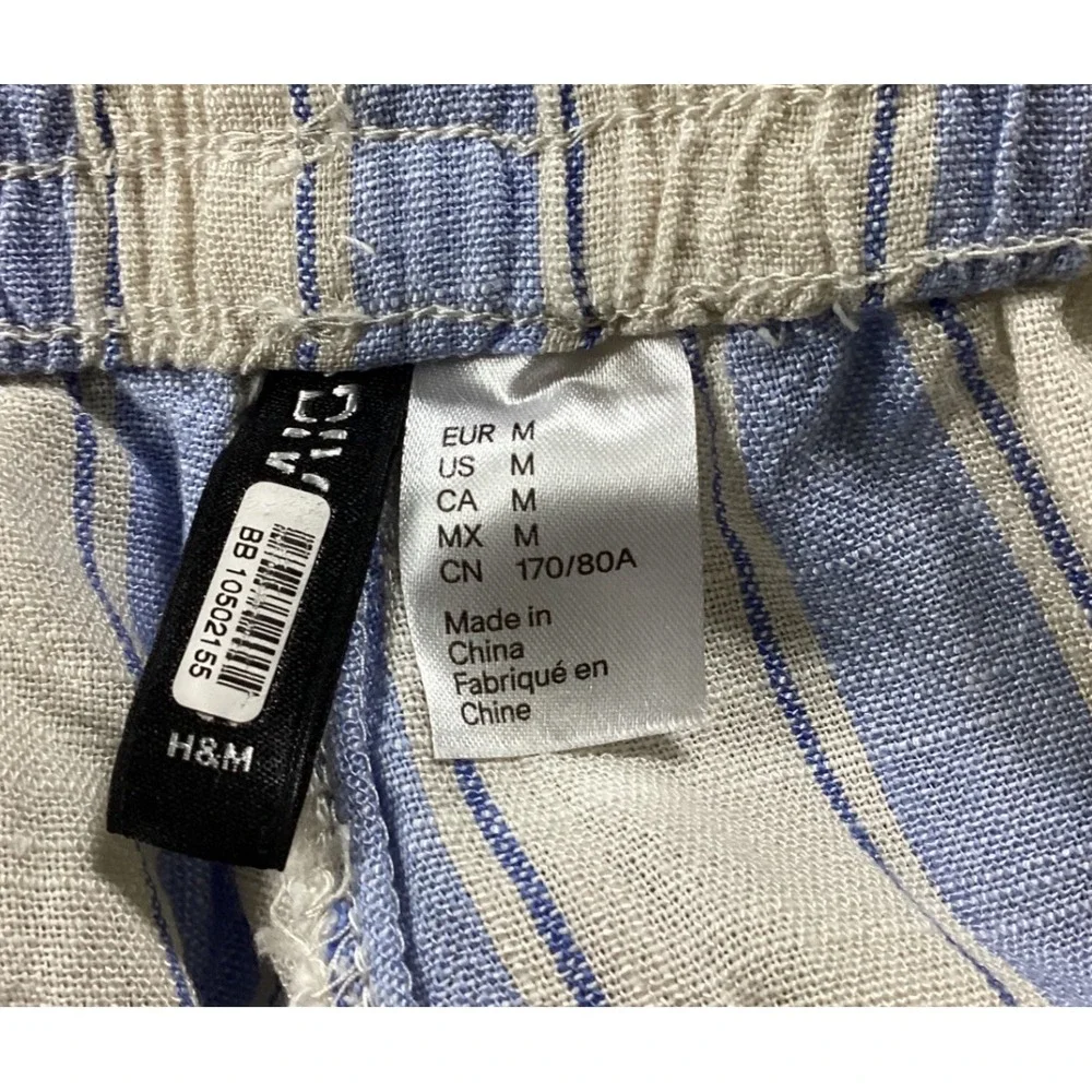 H&M DIVIDED Blue White Striped Linen Blend Wide Leg Crop Pants Womens Medium
